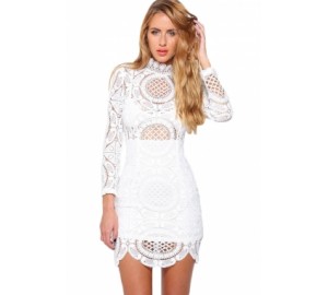 'Abigail' white lace dress with high neck and long sleeves